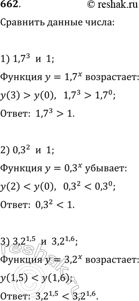 Изображение 662. (Устно.) Используя свойство возрастания (или убывания) показательной функции, сравнить числа:1) 1.7^3 и 12) 0.3^2 и 13) 3.2^1.5 и 3.2^1,64) 0,2^-3 и...