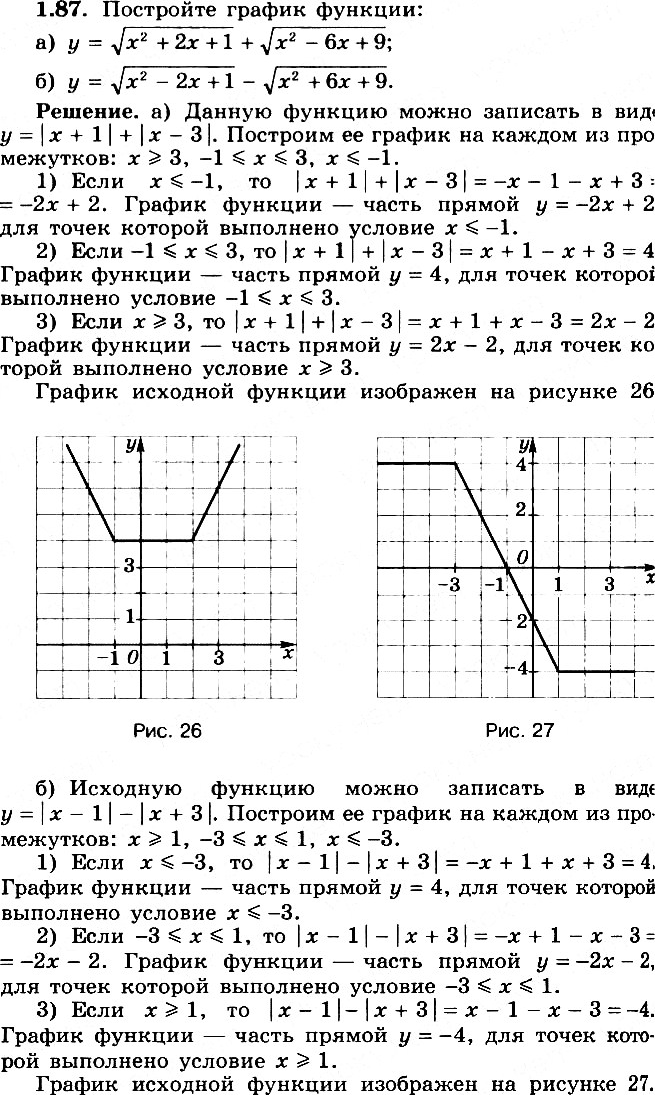 Изображение 1.87 а) y = корень (x2+2x+1) + корень (x2-5x+9); б) y = корень (x2-2x+1) - корень (x2+6x+9); в) y = корень (x2-4x+4) + корень (x2+4x+4); г) y = корень (x2+4x+4) -...