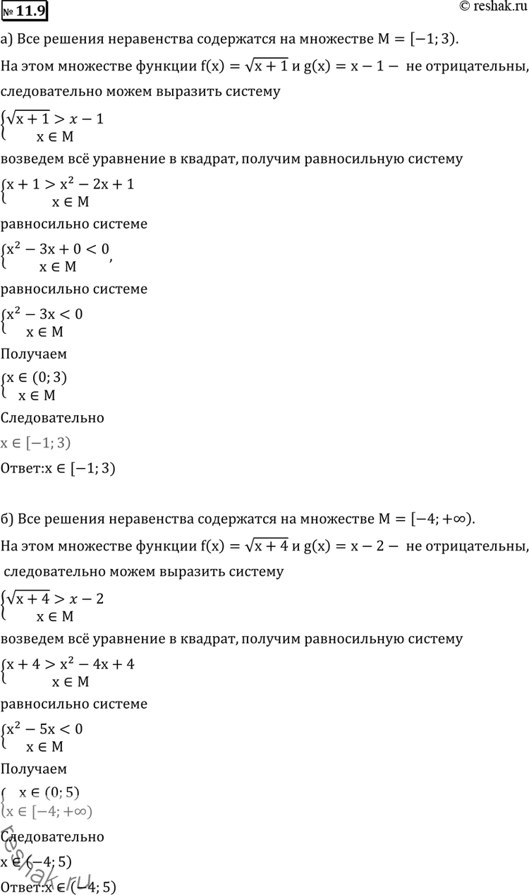 Изображение 11.9 а) корень (х + 1) > х-1; б) корень (x+4)> х-2; в) корень (2х+1) > х-1; г) корень (3х + 4) >...