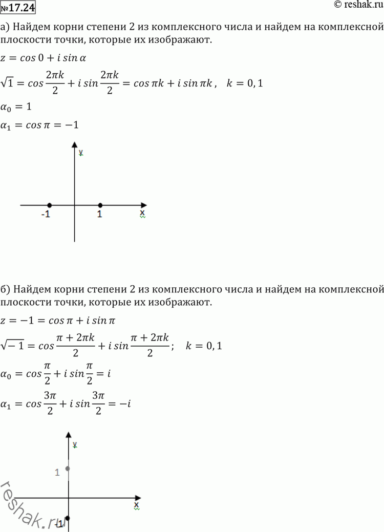 Изображение 17.24 Найдите корни степени 2 из комплексного числа и найдите на комплексной плоскости точки, их изображающие:а) 1;	б) -1;	в) 4i;	г) -4i;д) 1 +	i;	е) 1 -...