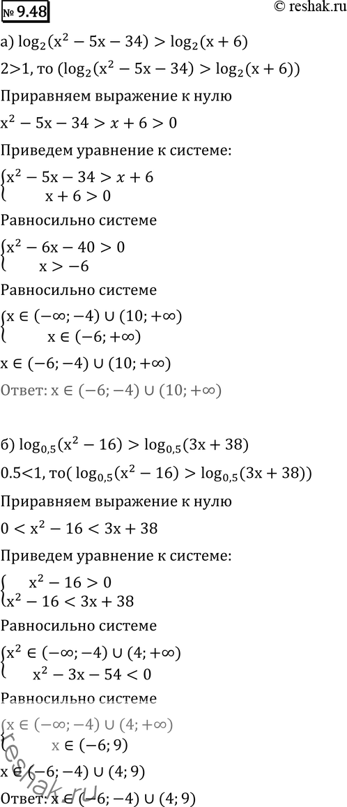 Изображение 9.48 а) log2(x2 - 5x - 34) > log2(x + 6); б) log0,5(x2 - 16) > log0,5(3x + 38); в) log3(x2 - 4) < log3 (44 - 2x); г) log0,5 (x2 - 22) < log0,5(3x +...